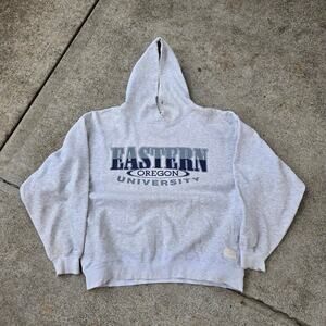 Vtg 90s EASTERN OREGON UNIVERSITY Spellout Graphic College Hooded Sweatshirt Lg